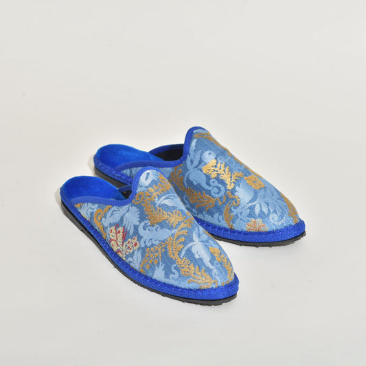 Friulane sabot - Tissu L. Bevilacqua - Fond bleu motifs dorés et rouge