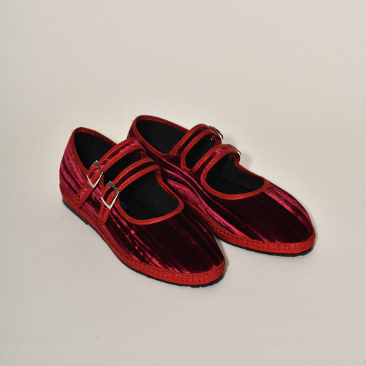 Marry Jane Double Boucle I Velours Froissé Rouge bordeaux