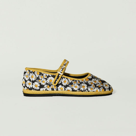 Furlane - Mary jane - Tissu RUBELLI - Marguerite blanc-jaune sur fond noir