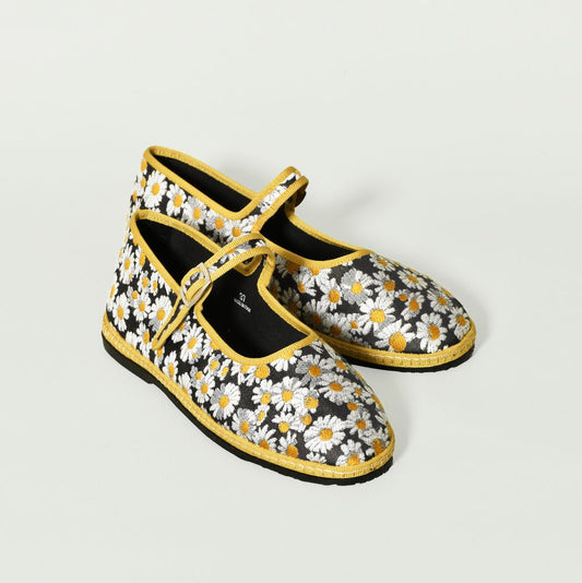 Furlane - Mary jane - Tissu RUBELLI - Marguerite blanc-jaune sur fond noir