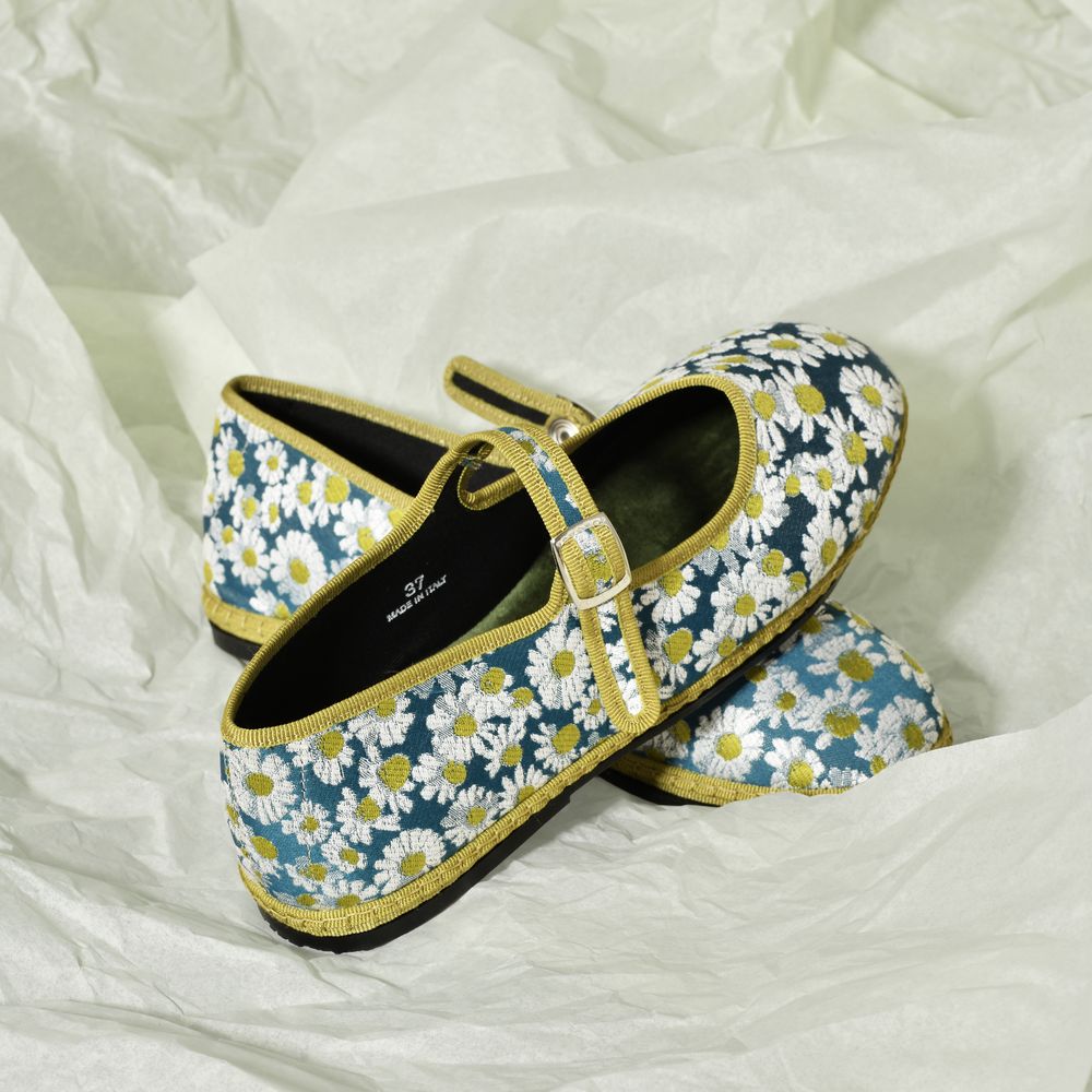 Furlane - Mary jane - Tissu RUBELLI - Marguerite sur Fond Bleu I ganse Bleu
