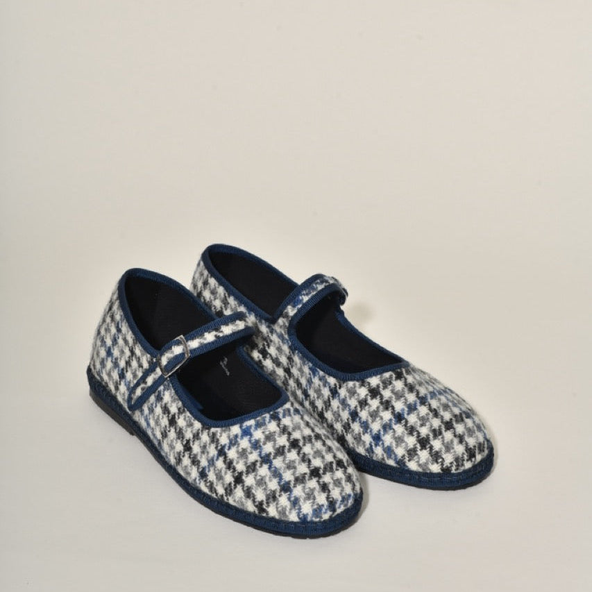 Furlane Mary Jane - Tissu laine Harris tweed Hébrides I Pied de poule bleu