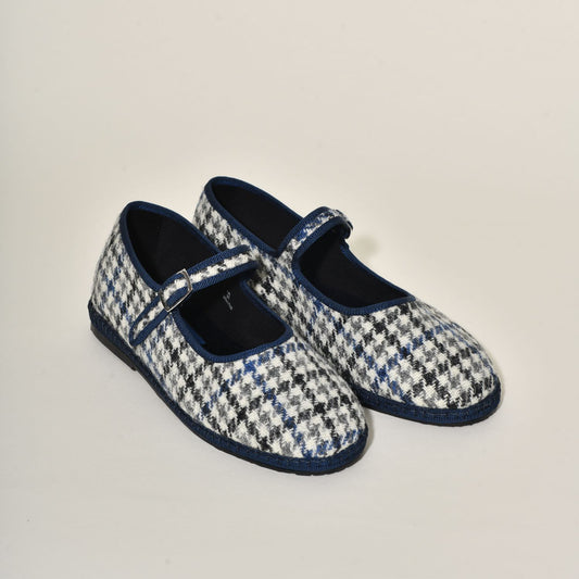 Furlane Mary Jane - Tissu laine Harris tweed Hébrides I Pied de poule bleu