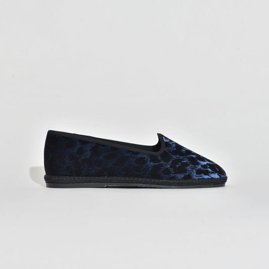 Friulane classique - Velours Bleu impression léopard Noir