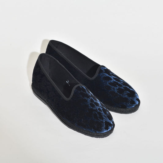 Friulane classique - Velours Bleu impression léopard Noir