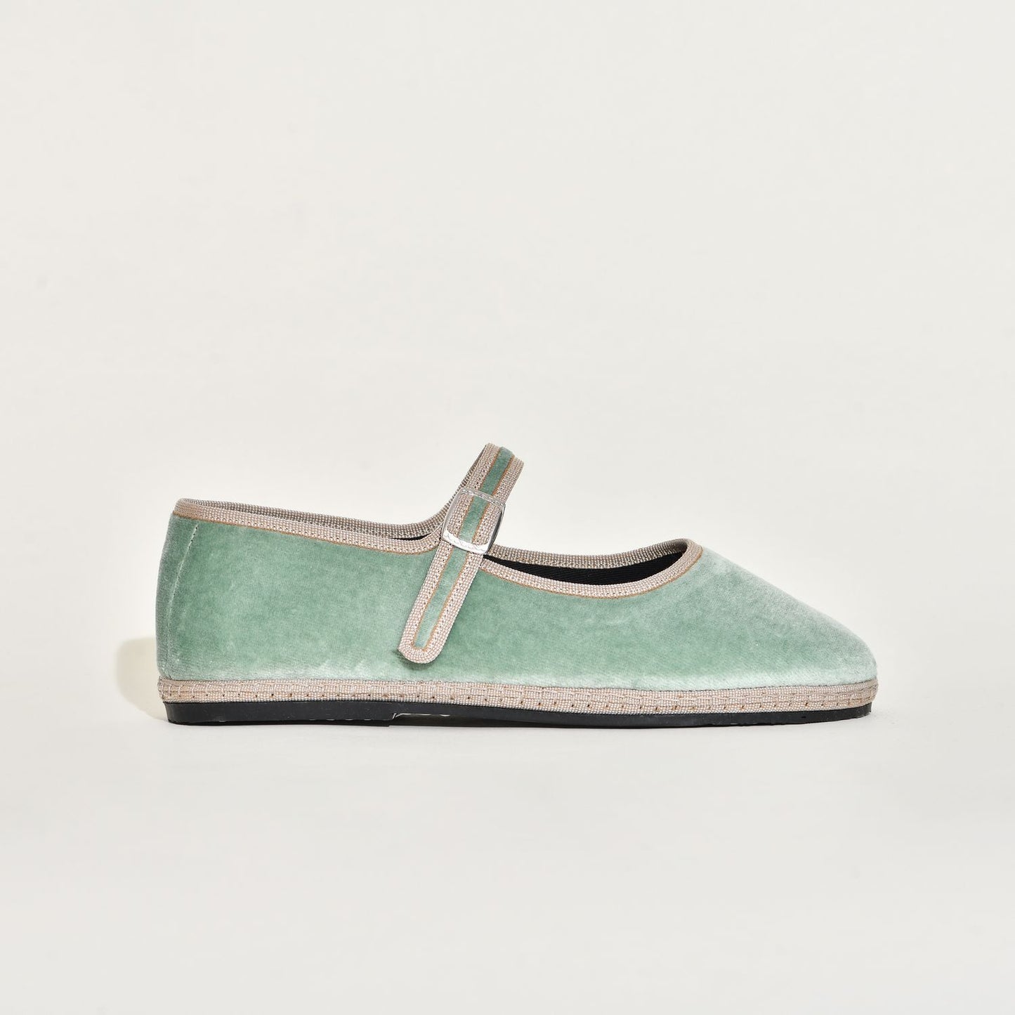Furlane Mary jane - Velours vert d'eau I Ganse ivoire