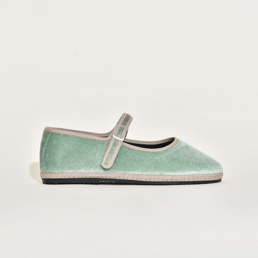 Furlane Mary jane - Velours vert d'eau I Ganse ivoire