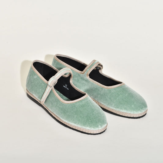 Furlane Mary jane - Velours vert d'eau I Ganse ivoire