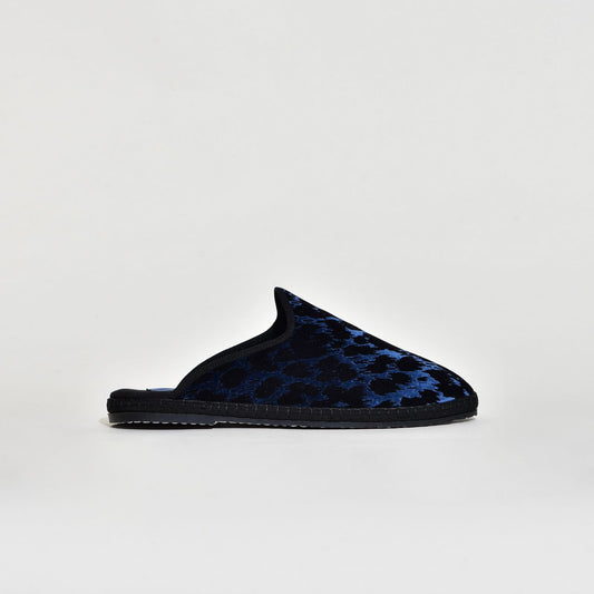 Friulane Sabot - Velours Bleu Impression Panthère Noir