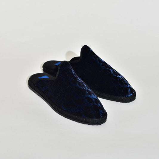 Friulane Sabot - Velours Bleu Impression Panthère Noir