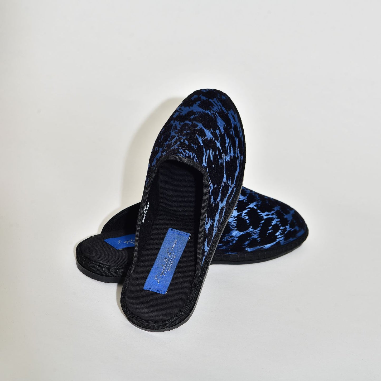 Friulane Sabot - Velours Bleu Impression Panthère Noir