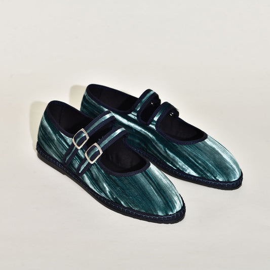 Furlane - Mary Jane Double boucles - Velours froissé Bleu vert océan