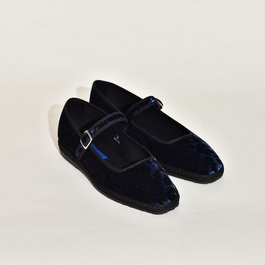 Furlane Mary Jane - Velours Fond Bleu  I Impression panthère noir - Bout carré
