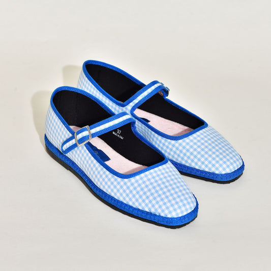 Furlane - Mary Jane à carreaux vichy bleu et blanc I ganse Bleu