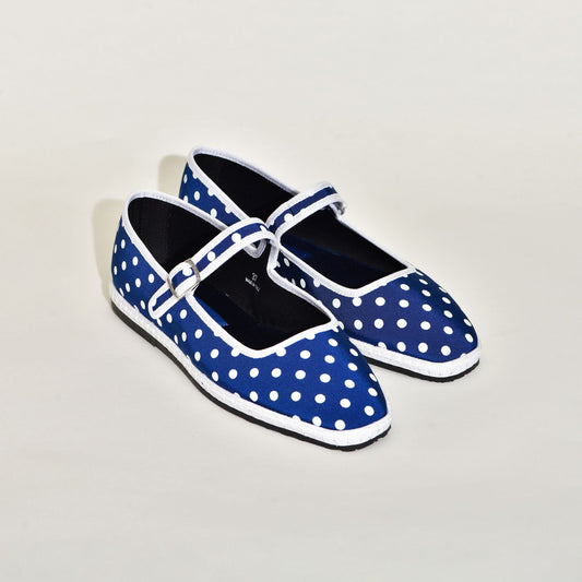 Furlane - Mary Jane - Toile Bleu imprimée de pois blanc