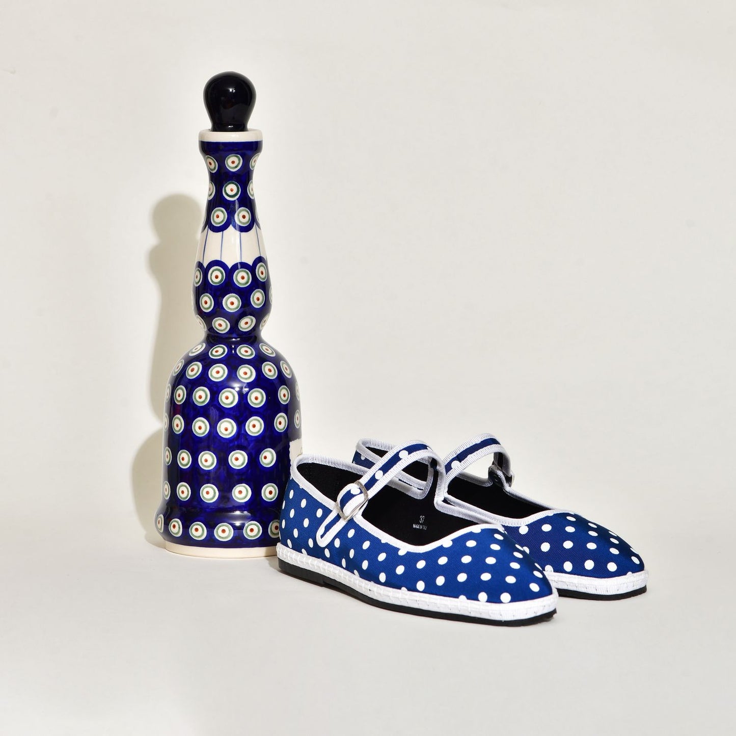 Furlane - Mary Jane - Toile Bleu imprimée de pois blanc