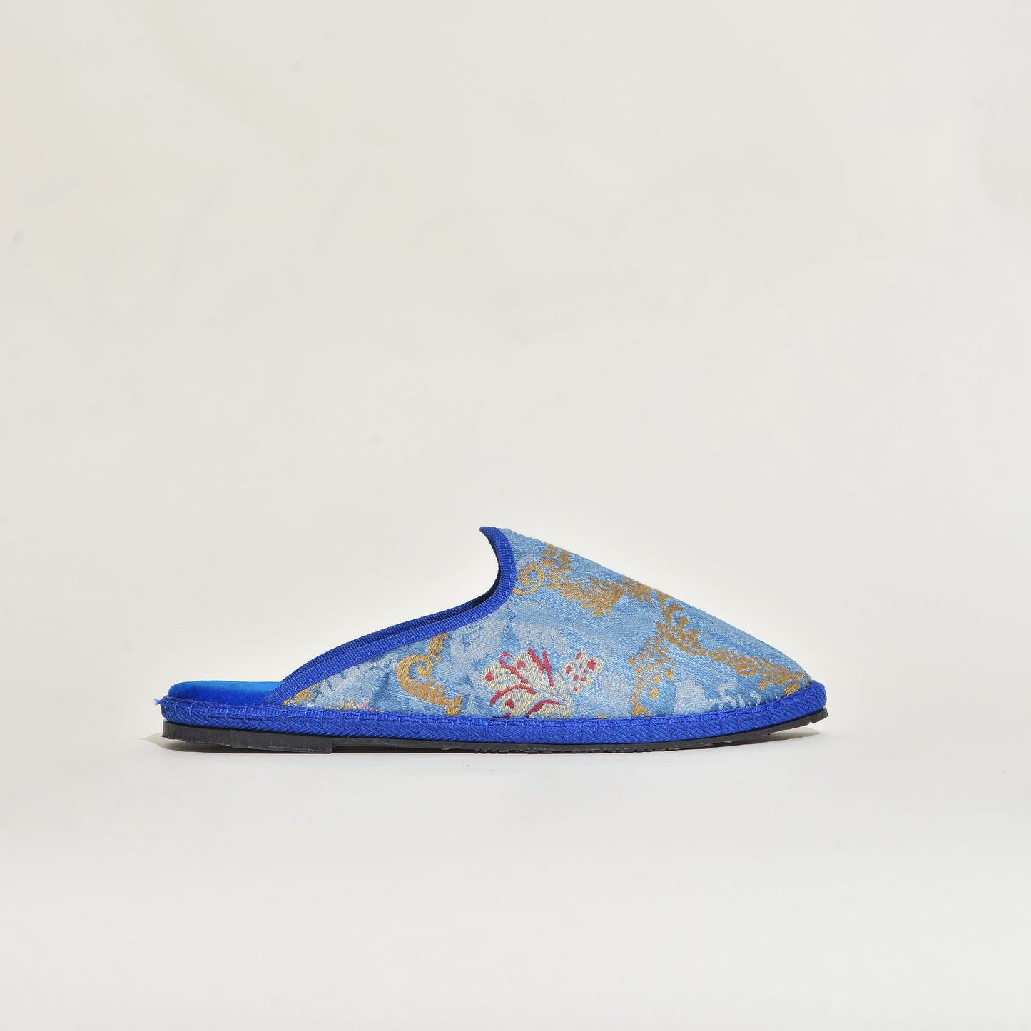 Friulane sabot - Tissu L. Bevilacqua - Fond bleu motifs dorés et rouge