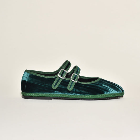 Mary Jane  Double Boucle I Velours Froissé Vert Emeraude