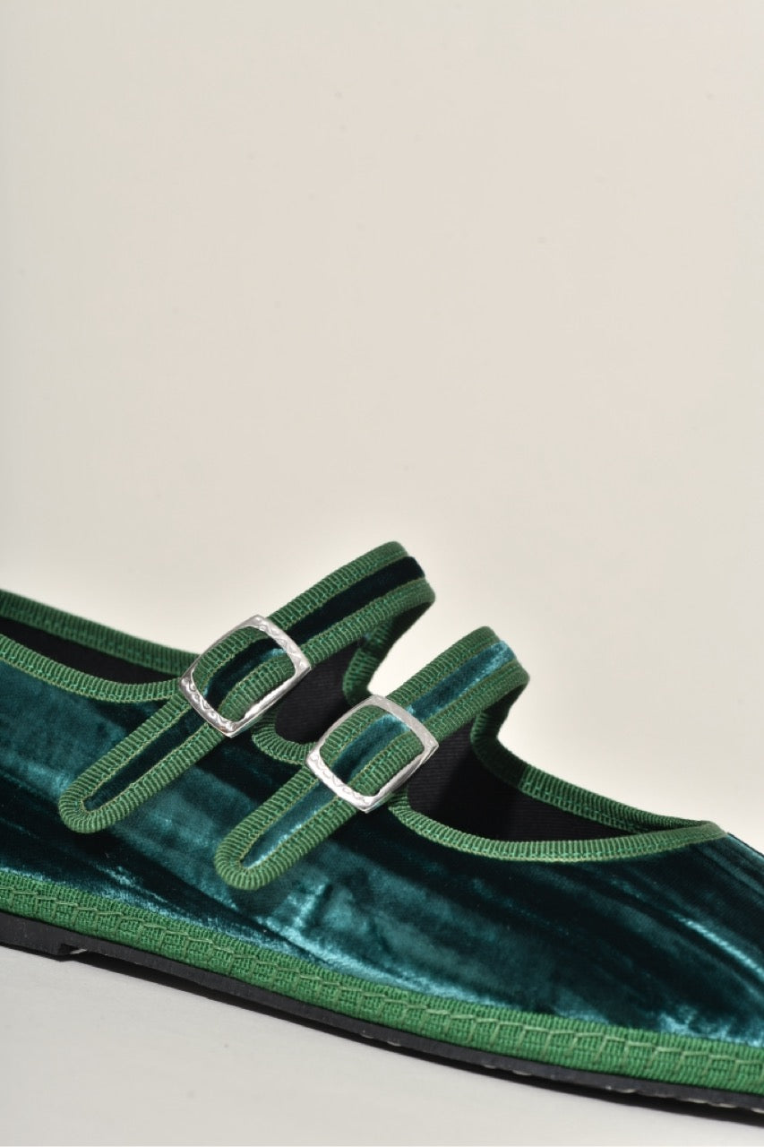 Mary Jane  Double Boucle I Velours Froissé Vert Emeraude