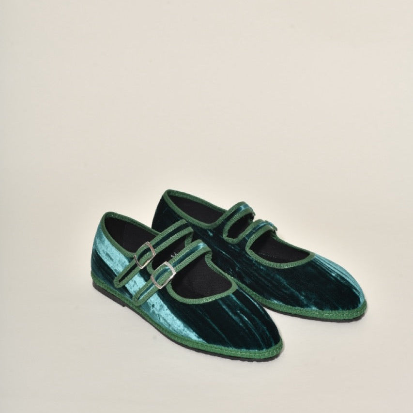 Mary Jane  Double Boucle I Velours Froissé Vert Emeraude