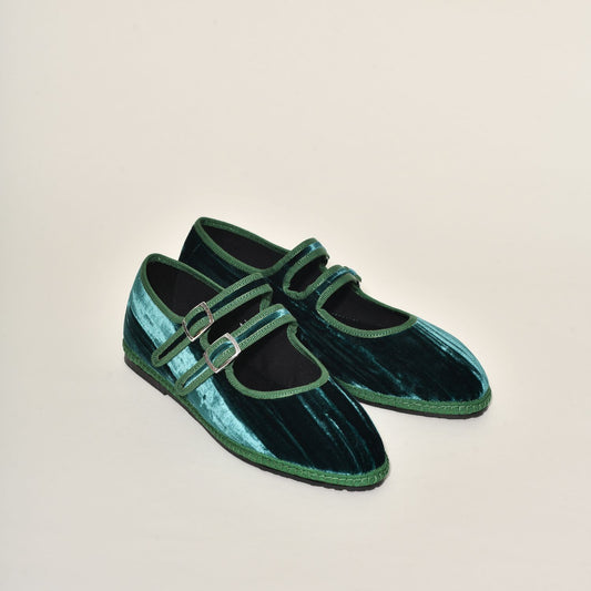 Mary Jane  Double Boucle I Velours Froissé Vert Emeraude