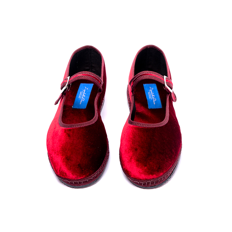 Mary Jane – Schillernder roter seidiger Samt | Bordeauxfarbener Zopf 