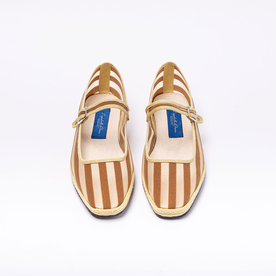 Furlane Mary Jane -  Résille I Rayure Velours Beige - Bout Carré