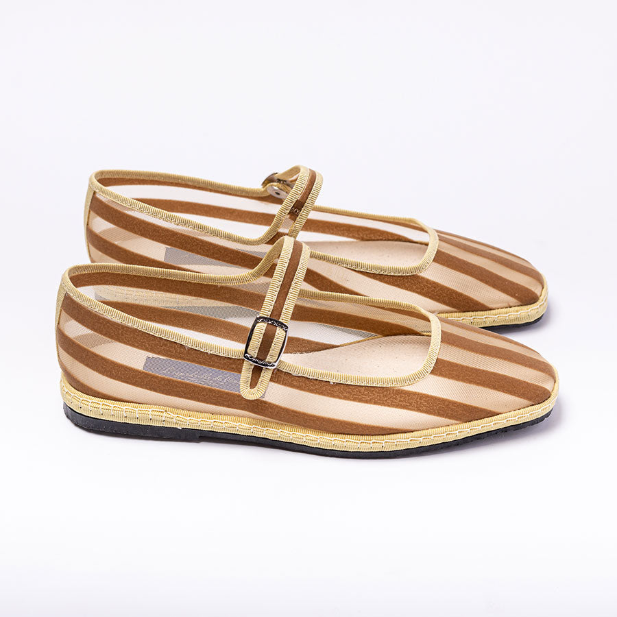 Furlane Mary Jane -  Résille I Rayure Velours Beige - Bout Carré