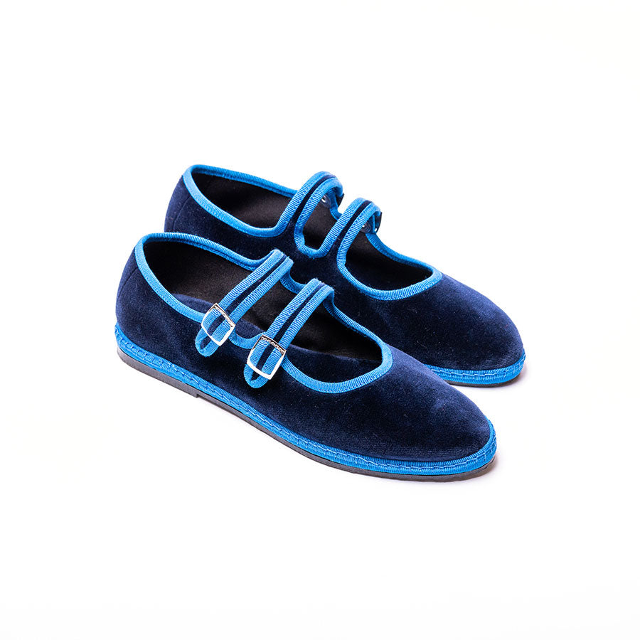 Friulane Mary Jane - Velours Bleu | Ganse bleuette - Double boucle